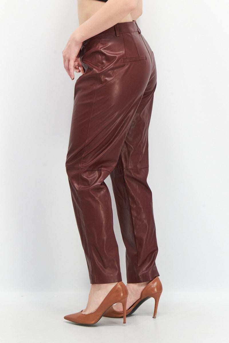 EDC Women Regular Fit Solid Faux Leather Pants, Maroon - Image 4